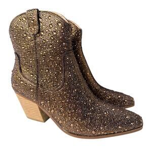 Betsey Johnson Diva Western Boots Ankle Women's 6.5M Brown Rhinestones  Side Zip
